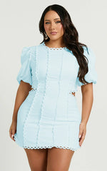 Laila Mini Linen Blend Dress - High Neck Side Cut Out Puff Sleeve Straight Dress in Blue
