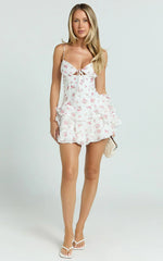 Justine Mini Dress - Strappy Tie Front Corset Waist Ruffle Hem Dress in Romantic Ditsy Print