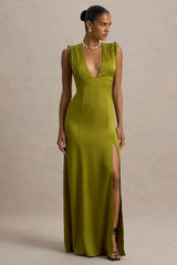 Ysabella | Olive Satin Plunge-Neck Split Maxi Dress
