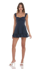 Shimmer Ruffle Fit and Flare Dress in Navy