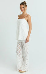 Leah Two Piece Set - Beaded Cami and Wide Leg Lace Pant Set in White