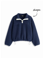 Fleece Collar Drawstring Button Long Sleeve Sweatshirt