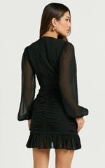 Can I Be Your Honey Mini Dress Plunge Balloon Sleeve Dress in Black