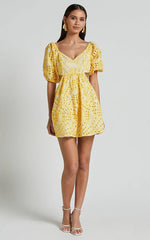 Sophia Mini Dress - Tie Back Puff Sleeve Dress in White and Yellow