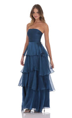 Corset Ruffle Strapless Maxi Dress in Navy