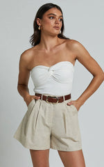 Ali Linen Blend Shorts - High Waisted Cuffed Shorts in Natural