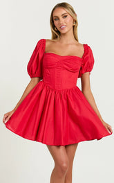 Souza Mini Dress - Fit and Flare Puff Sleeve Corset Dress in Red