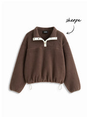 Fleece Collar Drawstring Button Long Sleeve Sweatshirt