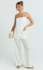 Leah Two Piece Set - Beaded Cami and Wide Leg Lace Pant Set in White