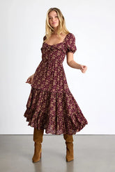 Adorable Ideal Burgundy Floral Print Tiered Ruffled Midi Dress