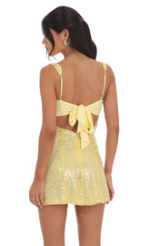 Sequin Glitter Back Bow Bodycon Dress in Yellow