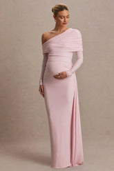 Amara | Blush Pink Asymmetric-Neck Maternity Maxi Dress With Sash Detail