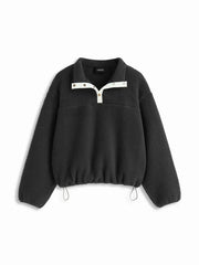 Fleece Collar Drawstring Button Long Sleeve Sweatshirt
