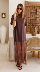 Raina T-Shirt Maxi Dress - Brown Lace