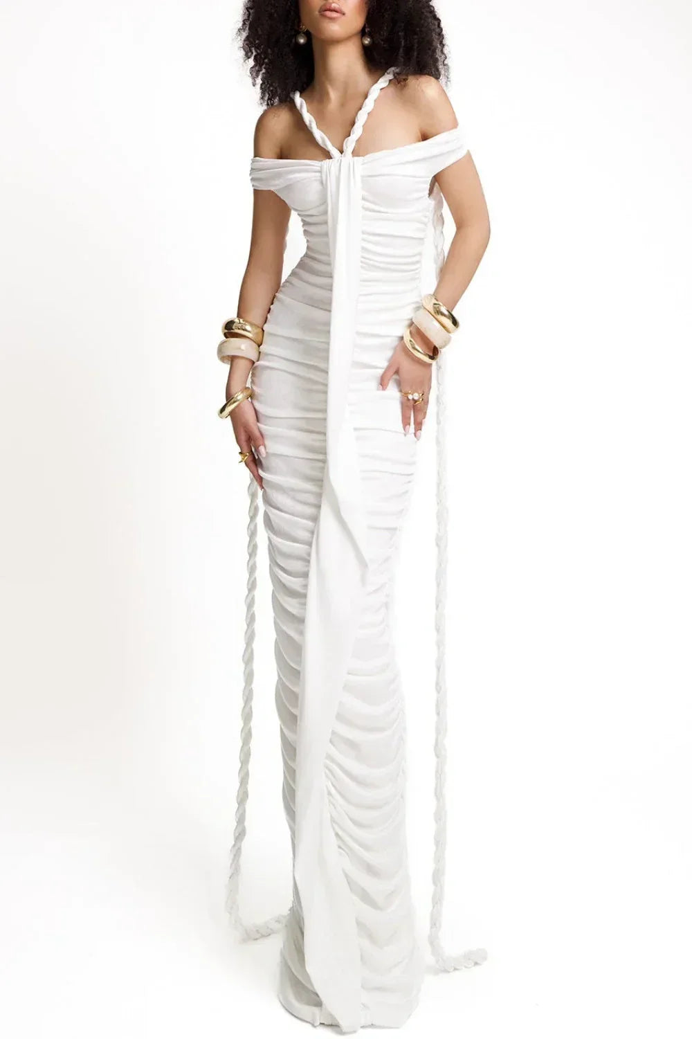 Maisie Off Shoulder Rope Ruched Maxi Dress - White