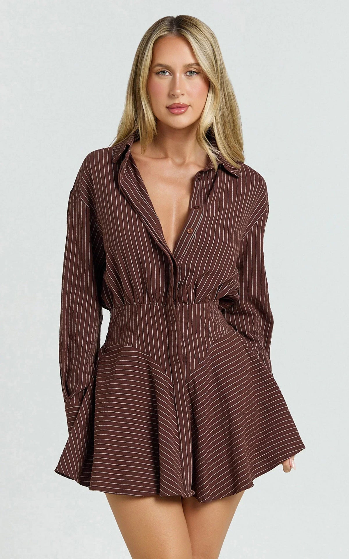 Whitney Mini Dress - Linen Long Sleeve Shirt Dress in Chocolate Pinstripe