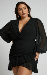 Can I Be Your Honey Mini Dress Plunge Balloon Sleeve Dress in Black